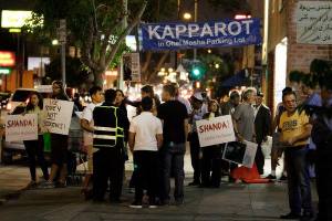 Activists in Los Angeles protesting Kapparot slaughter of chickens in front of Ohel Moshe synagogue.