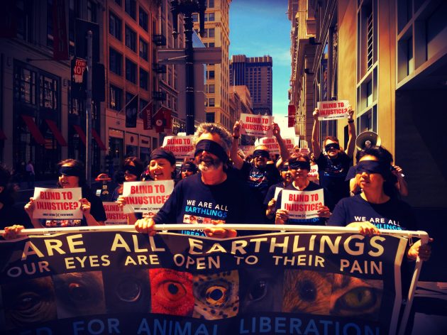 Activists take to the streets of San Francisco, California to demand people open their eyes to the injustices animals endure at human hands.